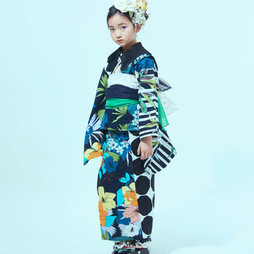 ボタニカル浴衣 ネイビー 帯2本付き 〔黒 緑〕 子供服 moemusisan 通販