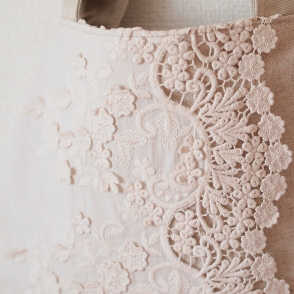 Flower lace × cotton linen　フラワーレースBAG・立体レース・3Ｄレース 2枚目の画像