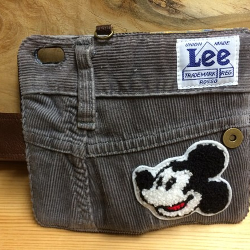 6-4h ミッキーワッペン デニムリメイク 本革レザーiPhone6.6s手帳型  