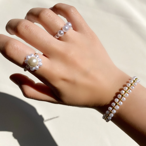 韓国アクセサリー ビーズアクセサリー リング ブレスレット 3点セット