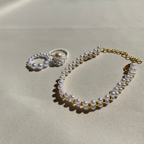 韓国アクセサリー ビーズアクセサリー リング ブレスレット 3点セット