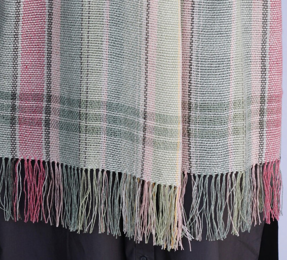リネン・コットンウール 手織りストール フロストグリーン 5枚目の画像