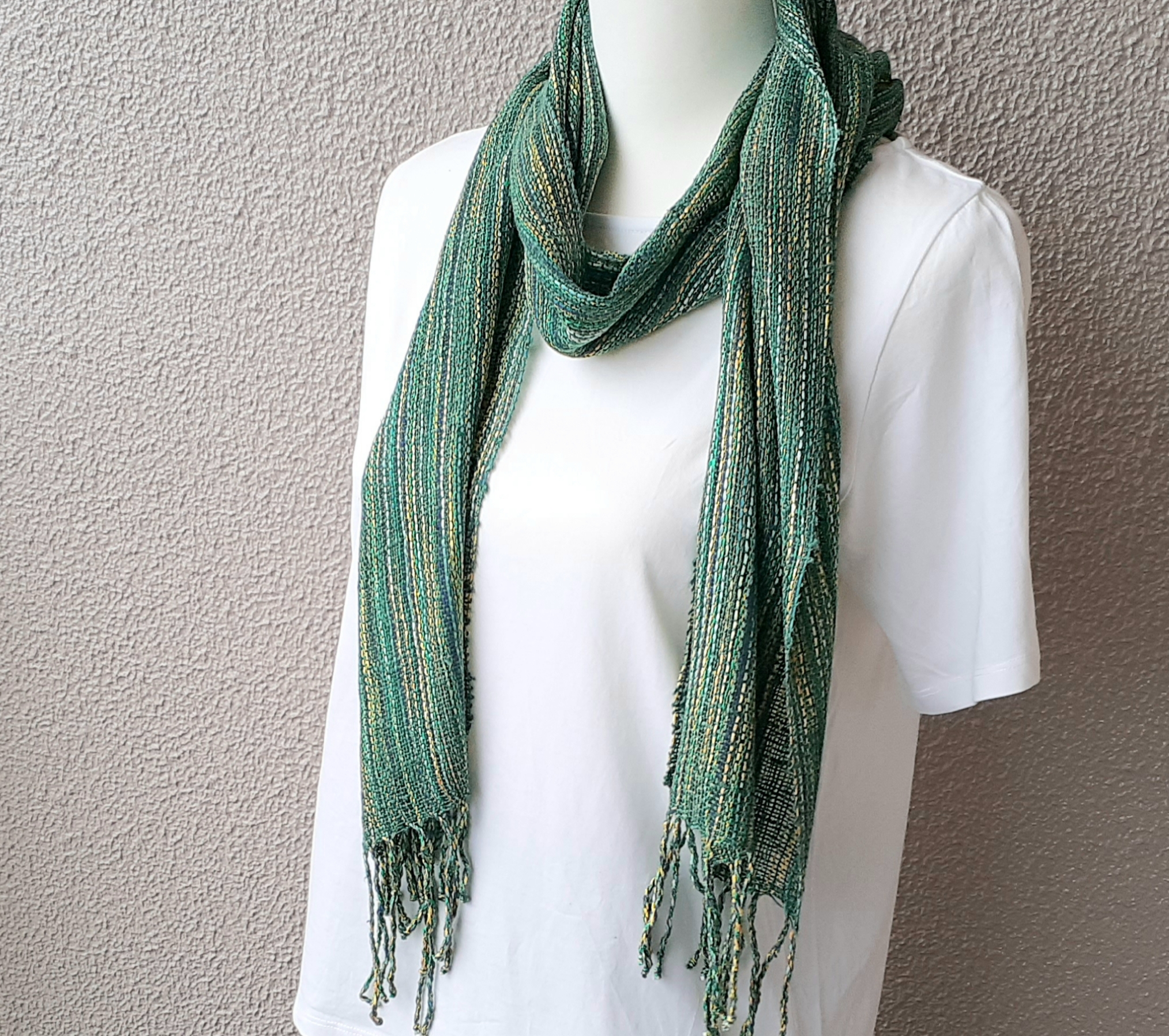グリーン系シルクの手織りマフラー WM0556                  一点物