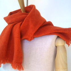手紡ぎ手織り 羊毛（ウール）マフラー オレンジ 1枚目の画像