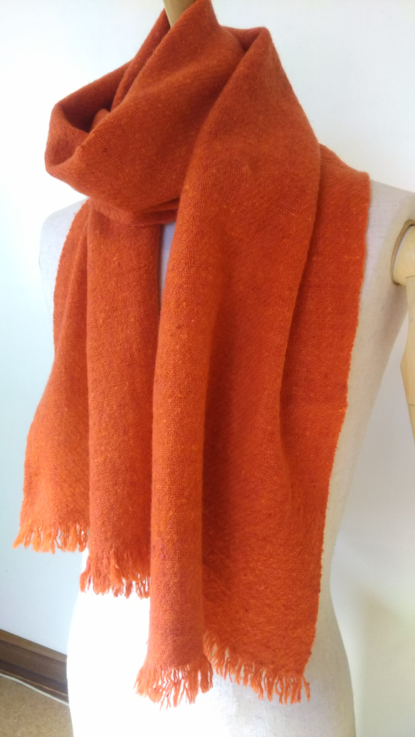 手紡ぎ手織り 羊毛（ウール）マフラー オレンジ 7枚目の画像