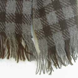 手織り 羊毛マフラー焦げ茶ブロックチェック 3枚目の画像