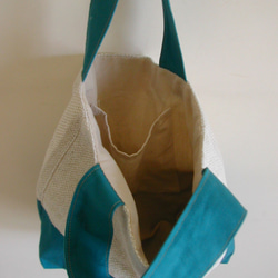 トートバッグ 綿麻（コットン リネン）手織&帆布コンビ ターコイスブルー 2枚目の画像