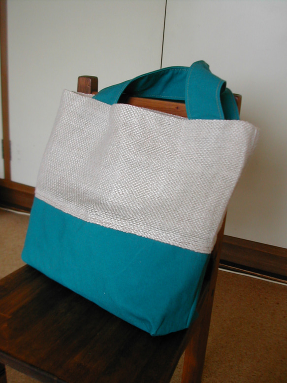 トートバッグ 綿麻（コットン リネン）手織&帆布コンビ ターコイスブルー 3枚目の画像