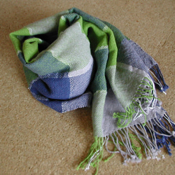 手織り 綿麻（コットンリネン）紺黄緑グレーブロック柄 ストール 1枚目の画像