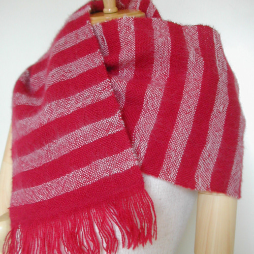 手織り 羊毛（ウール）赤×白 ストライプマフラー マフラー 糸糸いとい