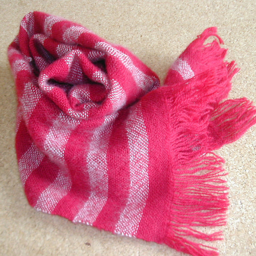 手織り 羊毛（ウール）赤×白 ストライプマフラー マフラー 糸糸いとい