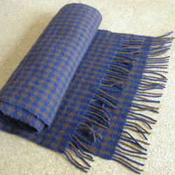 手織り 羊毛（ウール）マフラー ネイビー×ブラウン ギンガムチェック
