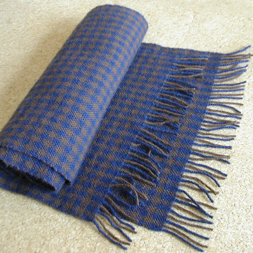 手織り 羊毛（ウール）マフラー ネイビー×ブラウン ギンガムチェック