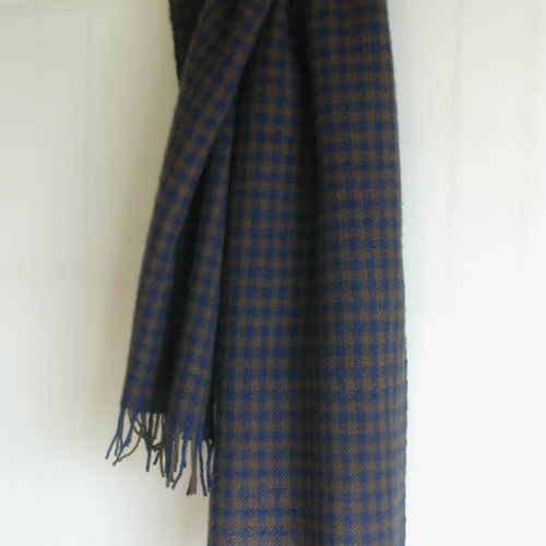 手織り 羊毛（ウール）マフラー ネイビー×ブラウン ギンガムチェック
