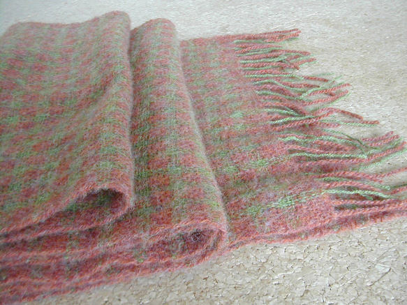 手織りマフラー ココア色×草色 ギンガムチェック 7枚目の画像