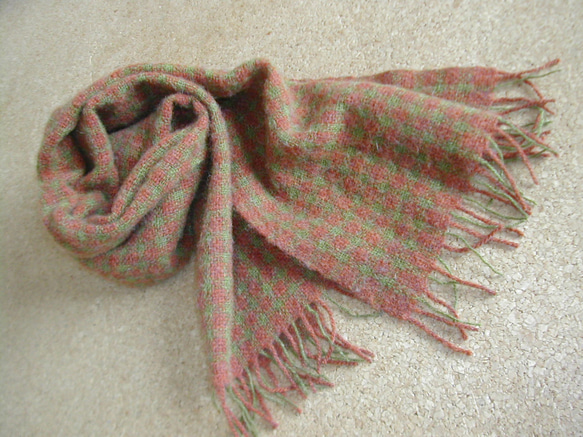 手織りマフラー ココア色×草色 ギンガムチェック 9枚目の画像