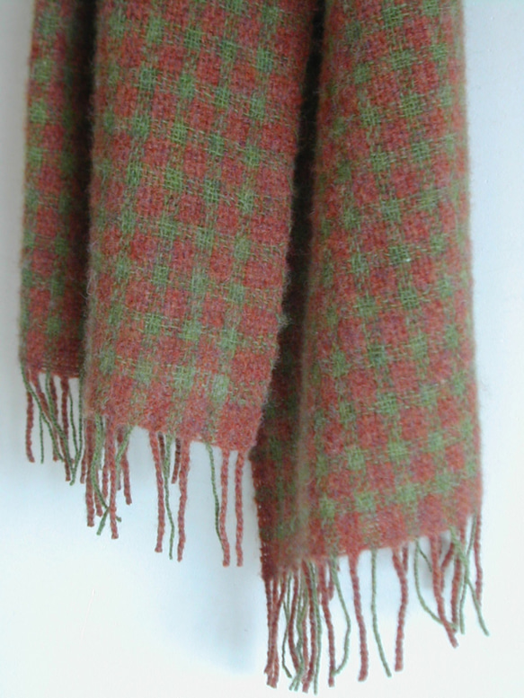 手織りマフラー ココア色×草色 ギンガムチェック 10枚目の画像
