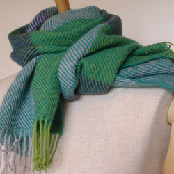 綿（コットン）✕羊毛（ウール） ストール 青緑ブロック柄 2枚目の画像