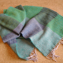 綿（コットン）✕羊毛（ウール） ストール 青緑ブロック柄 5枚目の画像