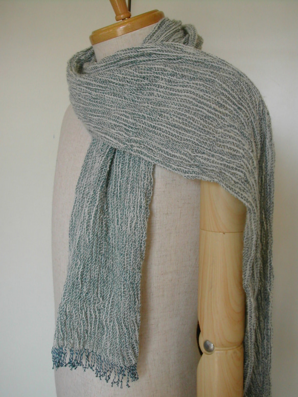 手紡ぎ手織り 綿×羊毛(コットン×ウール)ストール 細ストライプ 9枚目の画像