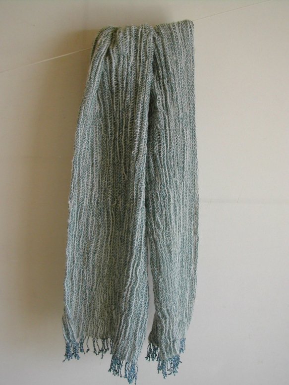 手紡ぎ手織り 綿×羊毛(コットン×ウール)ストール 細ストライプ 2枚目の画像