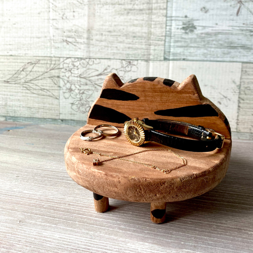 アクセサリートレイ メガネスタンド スマホスタンドにもなる木製猫