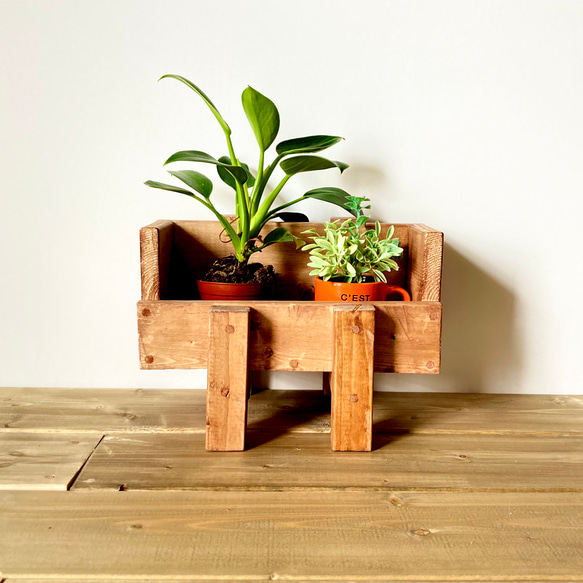 プランタースタンド　マガジンラック としても使える 木製　ボックス型　観葉植物 プランターラック　 ミニ茶 4枚目の画像