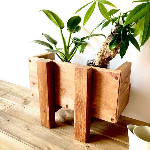 プランタースタンド　マガジンラック としても使える 木製　ボックス型　観葉植物 プランターラック　 ミニ茶 1枚目の画像
