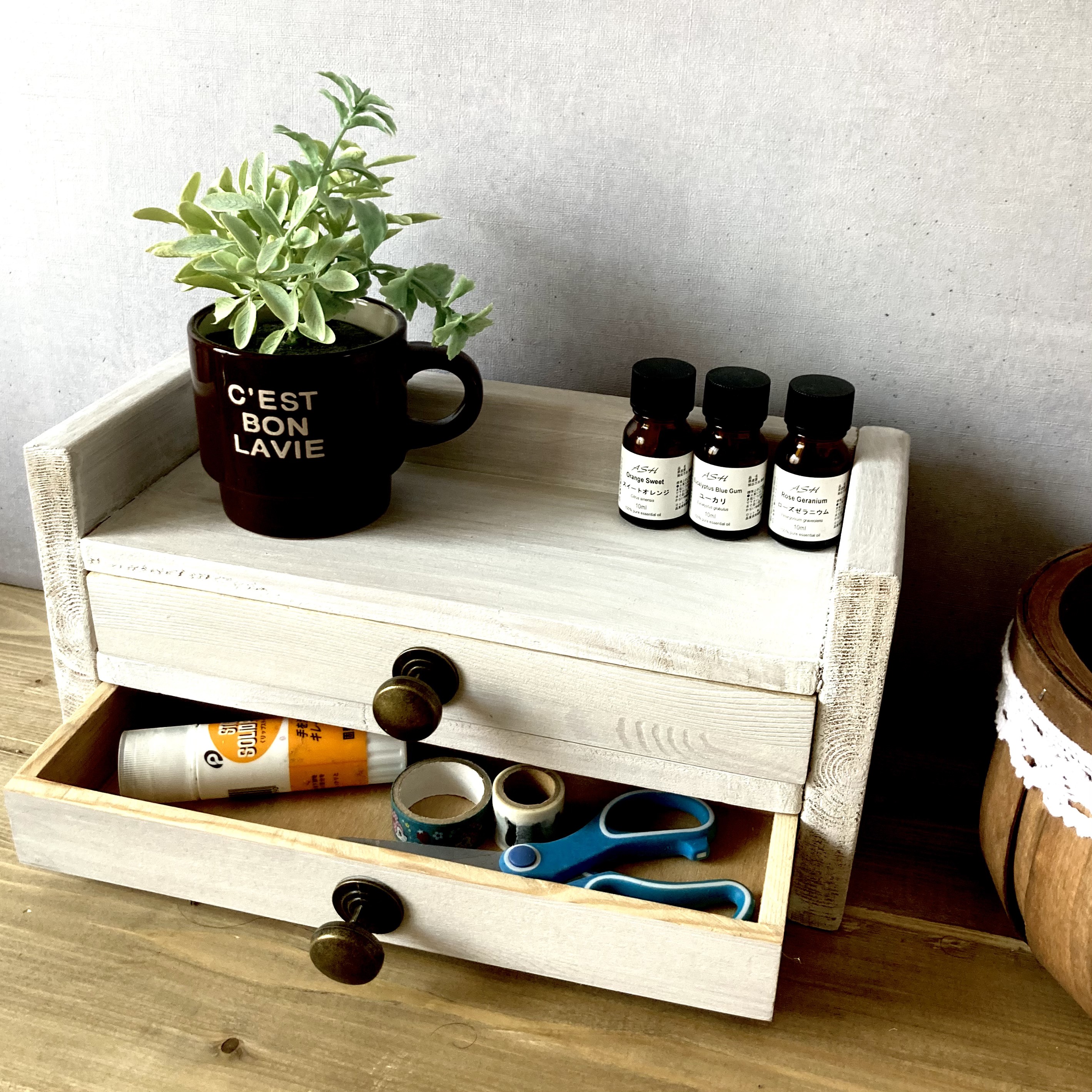 カトラリー収納 スパイスラック 木製 2段 引き出し　調味料入れ ジュエリーケース　レターケース　ロング　ホワイト