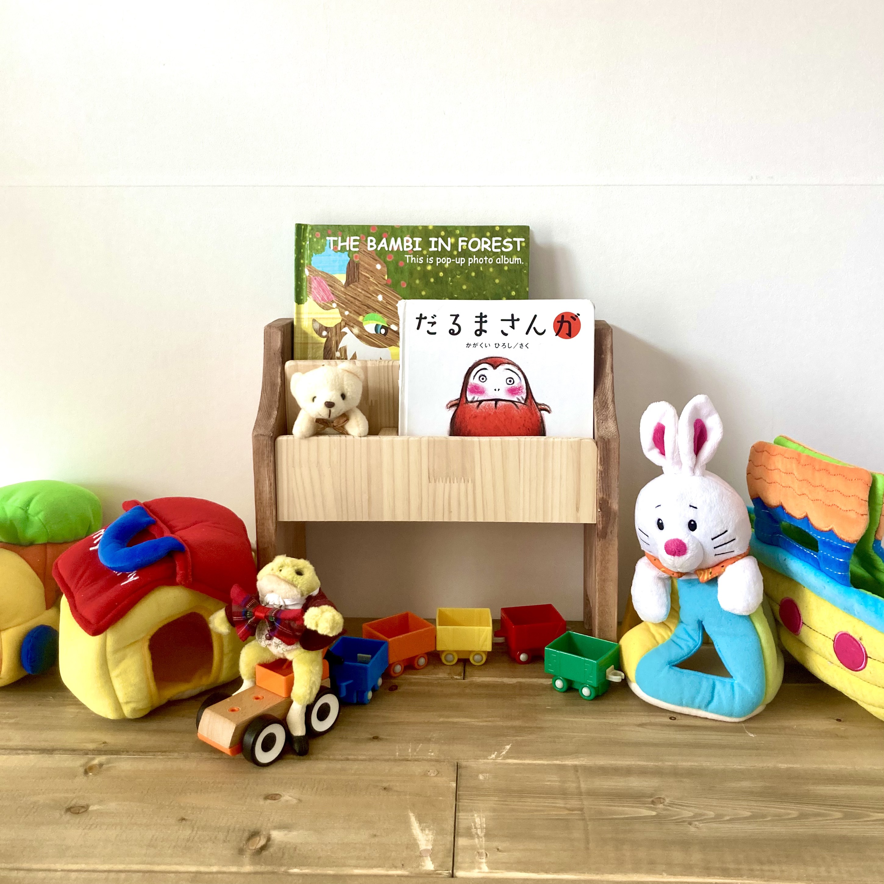 卓上 絵本棚 マガジンラック 木製　本棚　タブレット収納　筆記用具　脚長　ナチュラル&ブラウン