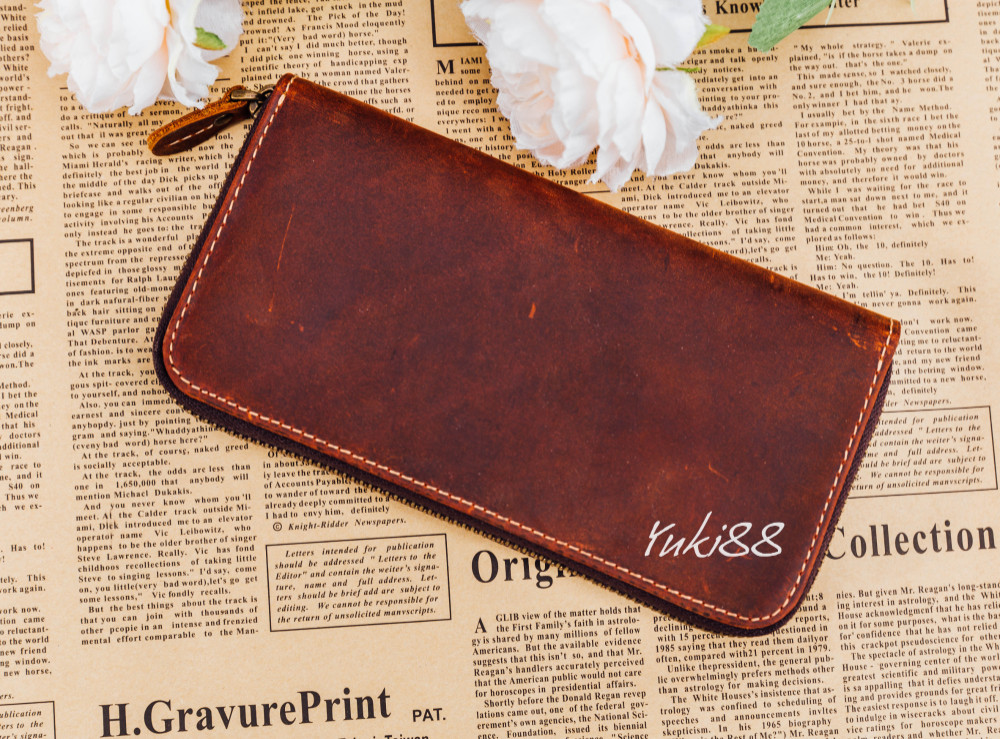 本革 オイルレザー ラウンドウォレット 長財布 赤茶色