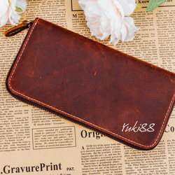 本革 オイルレザー ラウンドウォレット 長財布 赤茶色 1枚目の画像