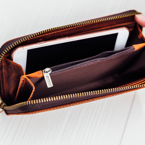 本革 オイルレザー ラウンドウォレット 長財布 赤茶色 長財布 yuki88