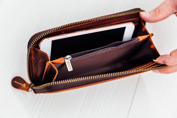 本革 オイルレザー ラウンドウォレット 長財布 赤茶色 2枚目の画像