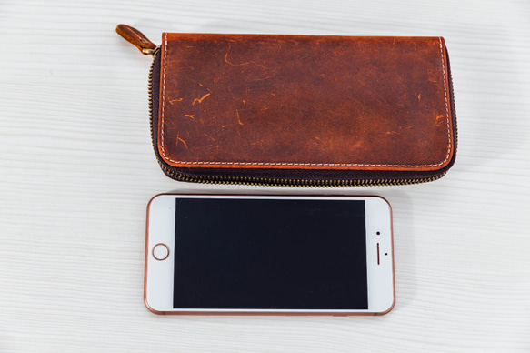 本革 オイルレザー ラウンドウォレット 長財布 赤茶色 4枚目の画像