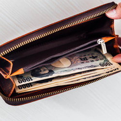 本革 オイルレザー ラウンドウォレット 長財布 赤茶色 5枚目の画像