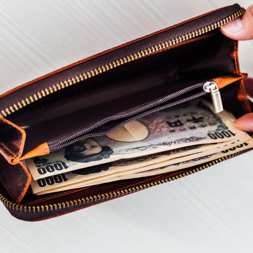 本革 オイルレザー ラウンドウォレット 長財布 赤茶色 長財布 yuki88