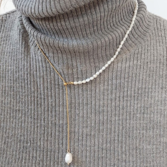 freshwater pearl× snake chain long necklace RN040 1枚目の画像