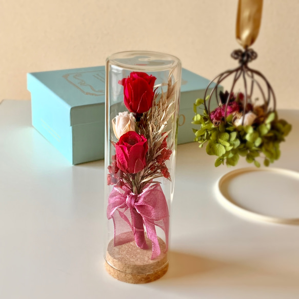 ボトルフラワー 花言葉入り/バラ 赤 瓶 ブーケ プリザーブドフラワー