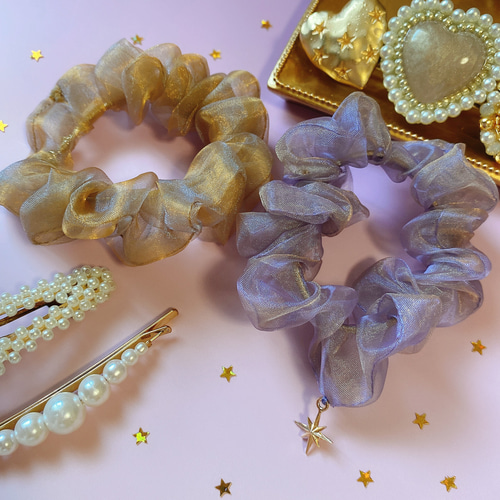 星降る偏光ミニシュシュ2P purple×gold オーガンジー 七夕