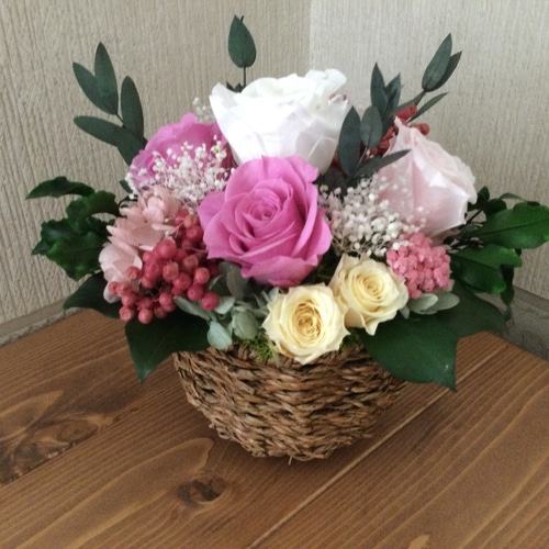 ＊*..Rose garden..＊°..英国風アレンジ　プリザーブドフラワー ピンク系アレンジ<オールプリザーブドフラワー>ギフト