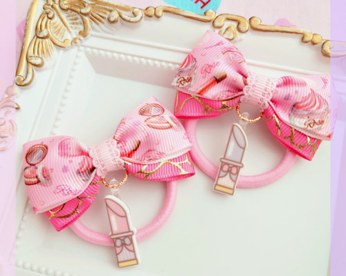 2個セット】リップチャームが揺れるリボンヘアゴム ツインリボン【594