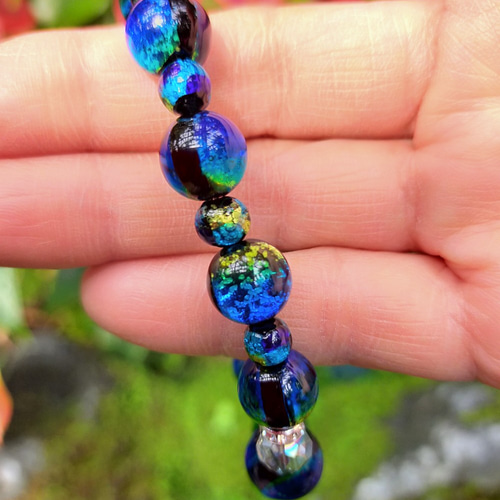 ブルーグリーン モザイク ホタルガラスブレスレット ブレスレット