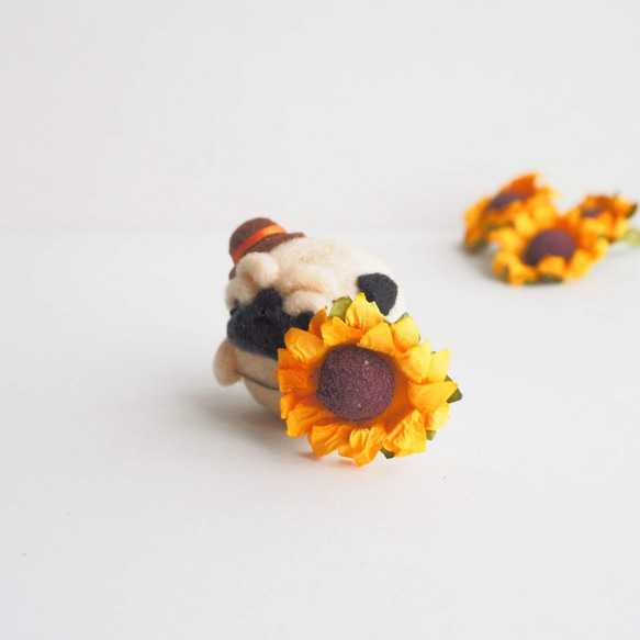 [訂製] - 僅限夏季 - 眉毛哈巴狗呈現向日葵。 （淺黃褐色/黑色）羊毛氈 第2張的照片