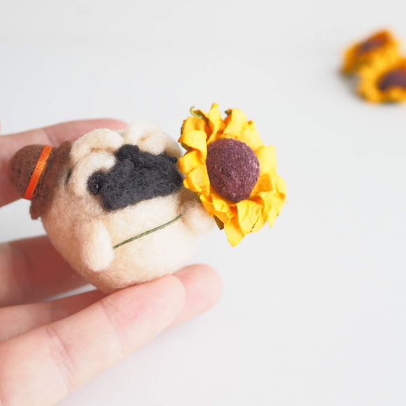 [訂製] - 僅限夏季 - 眉毛哈巴狗呈現向日葵。 （淺黃褐色/黑色）羊毛氈 第5張的照片