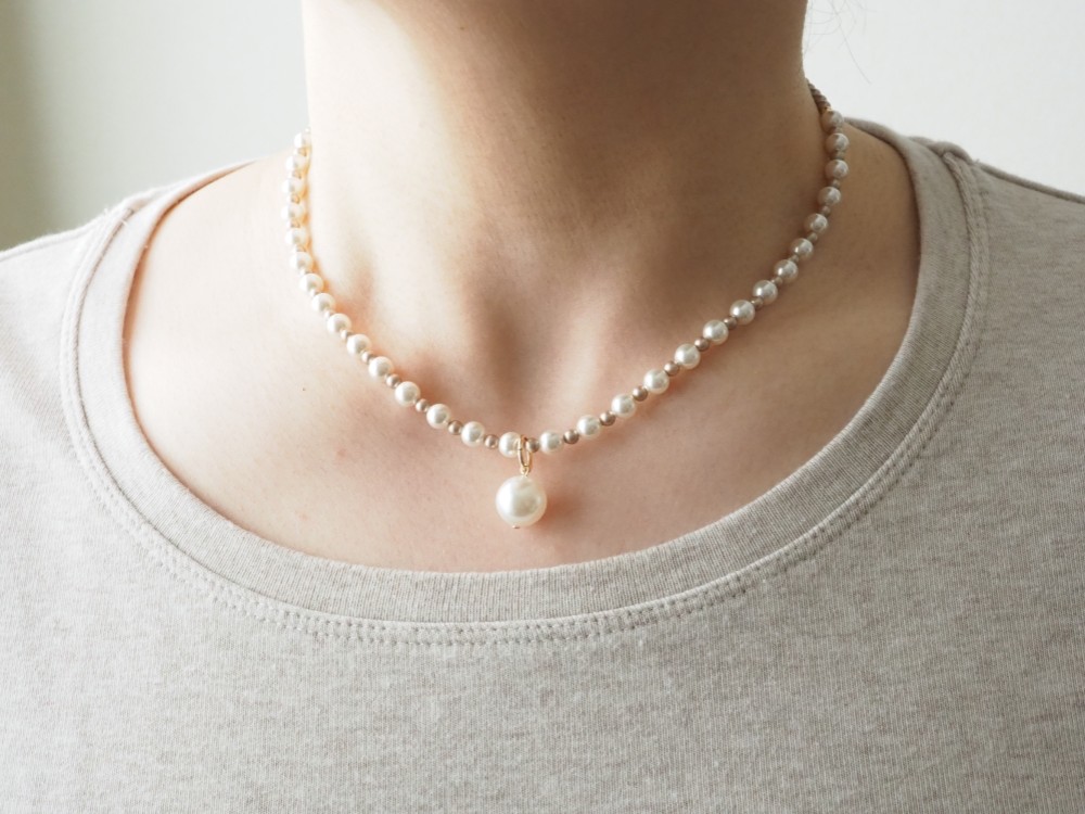 【2way】14kgf オーストリア製・高品質クリスタルガラスパール（スワロパール）のネックレス　約40cm