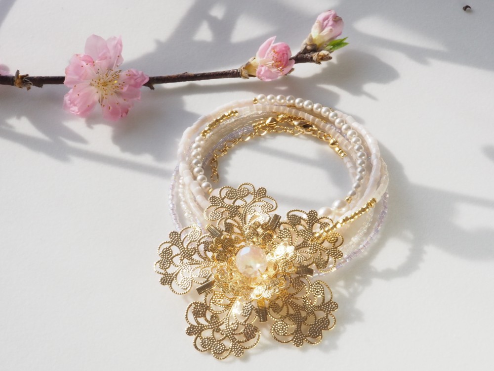 【3way】レース桜のビーズロングネックレス　ブレスレット　春の花　パール　Creema限定