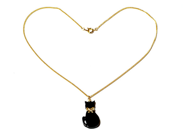 小さな金色リボン首輪の黒猫が揺れるゴールド・ペンダント・ネックレス 2枚目の画像