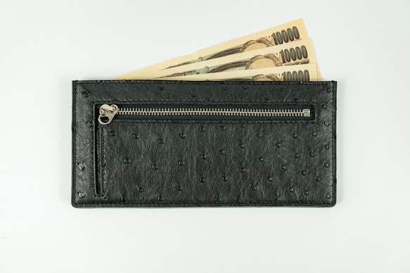薄型財布【オーストリッチ　ブラック】超薄型でスーツの内ポケットに入れてもかさばらずスタイリッシュにご使用いただけます 1枚目の画像