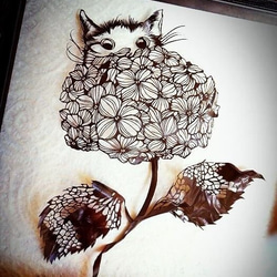 【猫と紫陽花】　オリジナル切り絵　額装 1枚目の画像